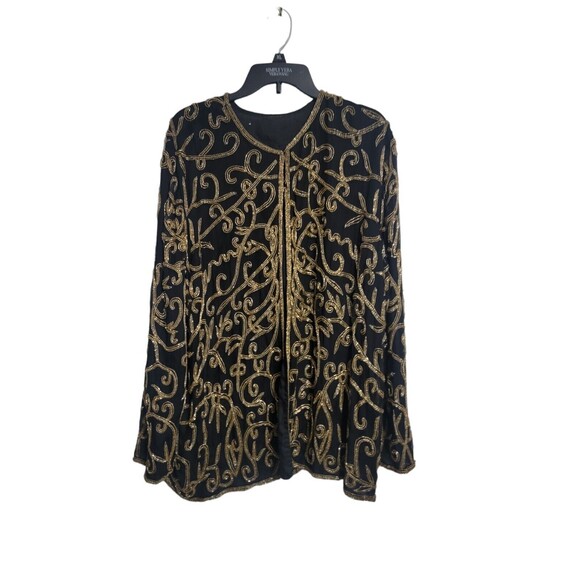 VTG HANDMADE WOMEN'S 100% PURE SILK LUXURY BLACK GOLD MID LENGTH CARDIGAN BEADED